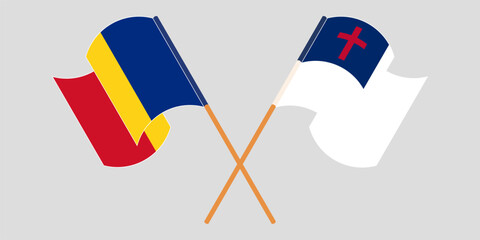 Crossed and waving flags of Romania and christianity