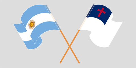 Crossed and waving flags of Argentina and christianity