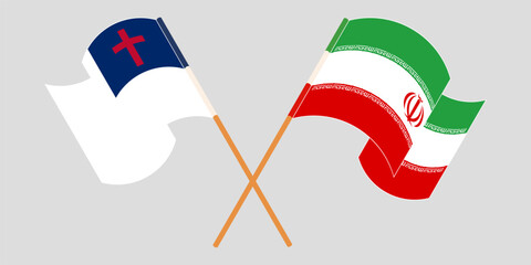 Crossed and waving flags of christianity and Iran