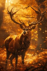 Noble stag, antlers like golden crowns, standing in a forest of autumn gold
