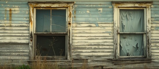 Decaying antique home with a weathered vintage facade and empty, abandoned window.