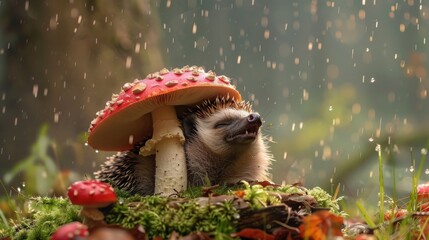 Sleepy hedgehog yawning behind a mushroom cap, a tiny, magical umbrella - obrazy, fototapety, plakaty