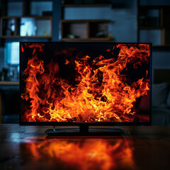 Television screen crackling with fire, vibrant flames against a dark room