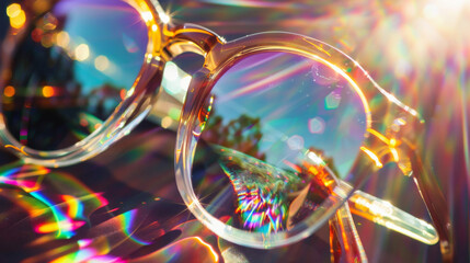 Sunglasses melting, lenses distorting in a kaleidoscope of sunbeams