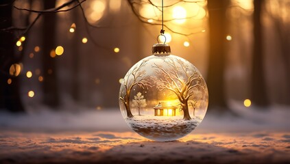 Glass balls hanging from branches. Christmas lights.枝か​​らぶら下がっているガラス球。クリスマス ライト。Generative AI	