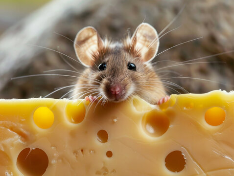 Tiny mouse peeking from behind a piece of cheese the size of a car, whiskers twitching
