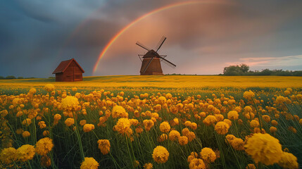 Realistic picture, very real, canola flower field, Canola, rainy atmosphere, rainbow, clouds, behind there is a windmill, high angle picture, rain, sharp picture, very sharp picture. - obrazy, fototapety, plakaty