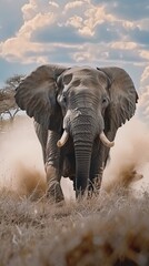 Dynamic scene of an elephant charging through the brush, trunk and tusks moving powerfully, emphasizing the animals massive form and unstoppable force low noise