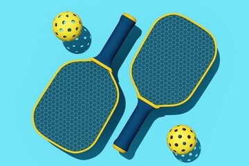 Pickleball sport equipments. Top view of rackets and balls on blue court. 3d illustration, rendering. Background for sport postcard, flyer, poster.