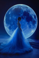 Young girl in front of a full moon at night
