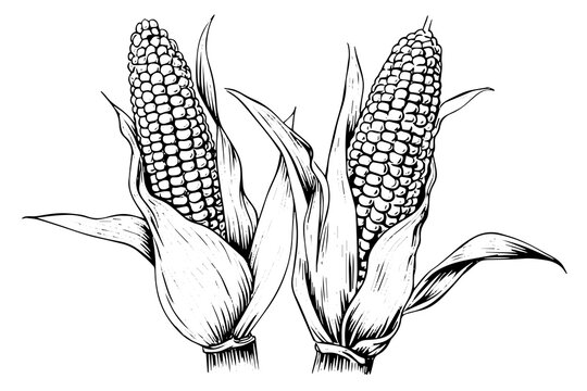 Vintage Corn Illustration: Hand-Drawn  Woodcut Vector Sketch of Maize Ear.