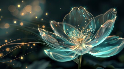 Beautiful turquoise flower with golden details, glowing and sparkling on a dark background, with a long green stem and white flower petals, in the style of fantasy, digital art, high resolution