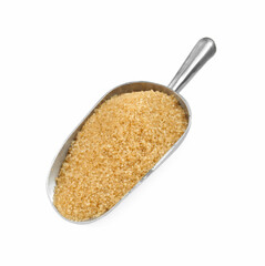 Brown sugar in metal scoop isolated on white