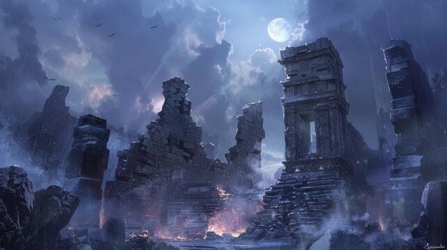 Beneath the moonlit sky, the ruins lie silent, and the Chimeras fire gaze sweeps across the stones, a guardian of the ancient and the mysterious no dust