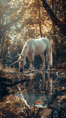 A unicorn pauses by a crystal stream in the enchanted forest, its sparkling horn reflecting in the water, surrounded by a mystical silence low texture