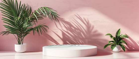 Fototapeta premium product podium for advertising with pink background and palm tree tropical summer theme