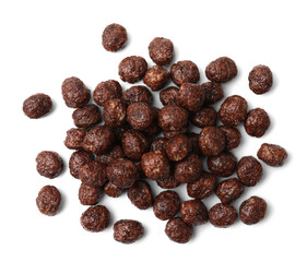 Tasty chocolate cereal balls isolated on white, top view