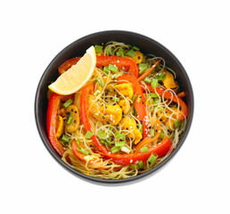 Stir-fry. Delicious cooked noodles with chicken and vegetables in bowl isolated on white, top view