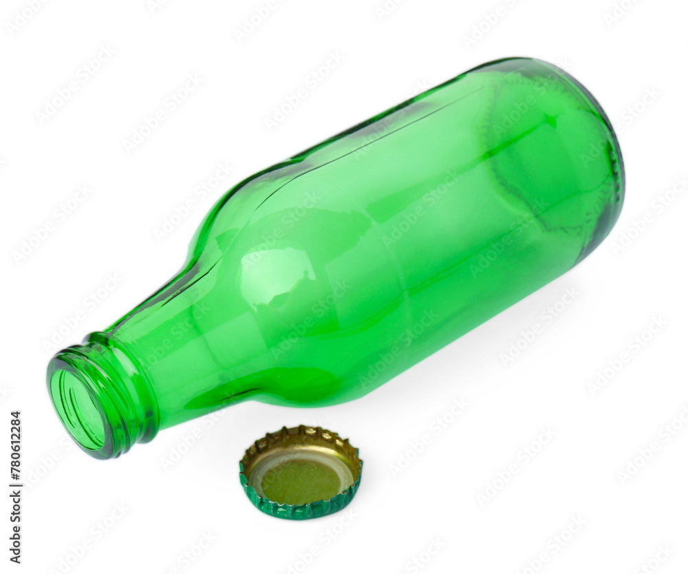 Sticker One empty green beer bottle and cap isolated on white