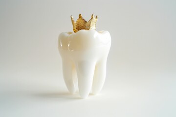 White tooth with gold crown dental implant on top, isolated on white background