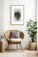Revel in the bohemian elegance modern living area, wicker chair, floor vases, and a blank mockup poster frame against a crisp white wall.