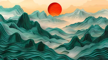 Foto op Canvas Traditional red sun landscape illustration poster background decorative painting © jinzhen