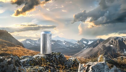 Scenic Mountain Landscape with a Refreshing Beverage Can Resting on a Rock Under a Bright Sun - obrazy, fototapety, plakaty
