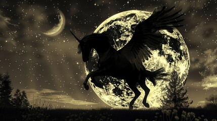 A silhouette against the moon, a Pegasus flutters its wings, starlit mane sparkling, as if it were part of the nights tapestry, moving to the rhythm of the winds whispers low texture