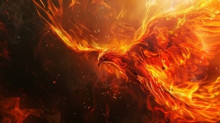 Fototapeta na wymiar A phoenix, bathed in the flames of rebirth, rises, its plumage a blaze of glory, an eternal spectacle of resurrection low noise