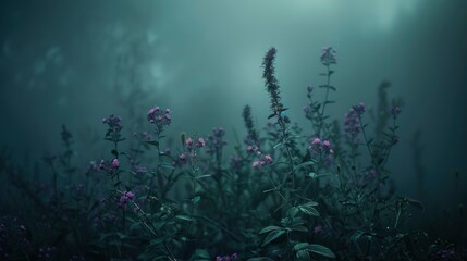 Fototapeta na wymiar Close up photo of wildflowers, dark background, purple and green tones, night time, cinematic, low light, moonlight