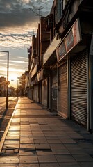 A line of closed shops with for sale signs, under the shadow of a setting sun no splash