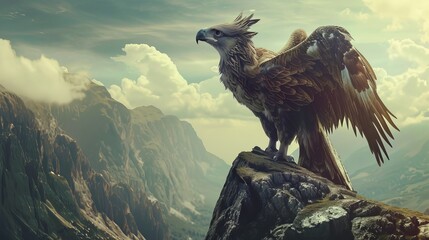 A Griffin stands atop a cliff, its majestic roar echoing through the valleys, feathered wings unfurled, a proud guardian of ancient lore low texture - obrazy, fototapety, plakaty