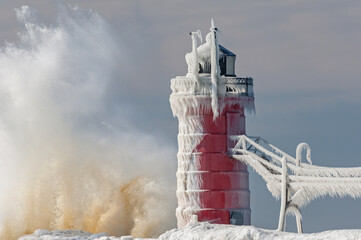 Winter, iced South Haven, Michigan Lighthouse with splashing wave, Lake Michigan, USA