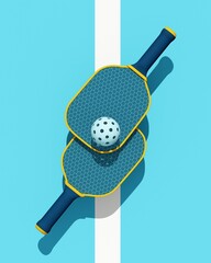 Pickleball sport equipments. Top view of rackets and ball on blue court. 3d illustration, rendering. Background for sport postcard, flyer, poster. Copy space