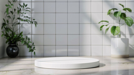 3d backdrop of minimal circular podium product presentation with white tiles bathroom wall background with leaf shadow and plants
