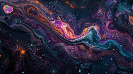 Dark night sky, close up of the texture and colors of an iridescent dark purple resin fluid painting