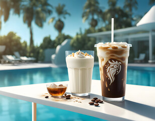 A glass of iced coffee and a vanilla milk shake on a table by a swimming pool, photorealistic