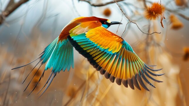 A bird perched momentarily before flight, wings beginning to flap, displaying its vibrant, colorful feathers and distinctively tapered tail no splash