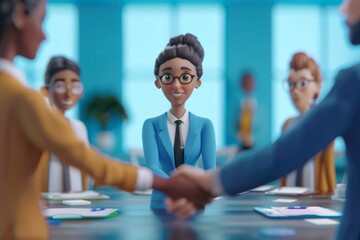 Cartoon Colleagues Shake Hands in Meeting Room
