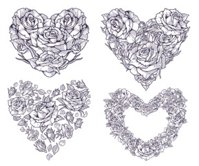 Fototapeta premium Floral hearts set stickers monochrome