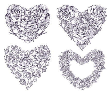 Floral hearts set stickers monochrome