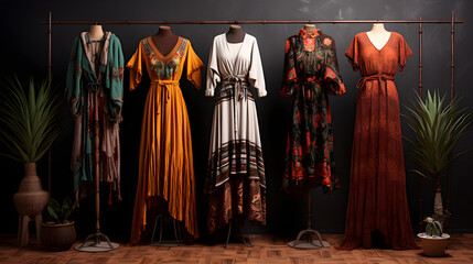 Women's clothing for an ethno-festival in boho style. Shopping concept - obrazy, fototapety, plakaty