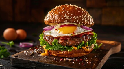 food photography of an oversized burger with a fried egg, lettuce and red onion on top against a dark background with golden hour light in the style of food advertising