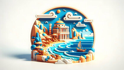 Grecian Getaway: 3D Flat Icon of Mythic Summer Adventure in Greece Islands and Azure Waters at Famous Location - Protograph Theme on Isolated White Background - obrazy, fototapety, plakaty