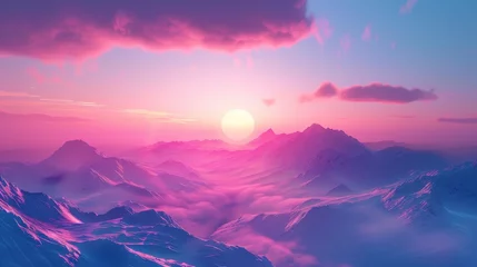 Foto auf Leinwand sunset on the mountains with vaporwave tone color, suitable for wallpaper, poster. Generative AI © wellyans