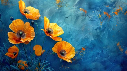 Golden poppies on a blue background, flowers in yellow and dark gold colors, with detailed foliage in an elegant composition, delicate floral patterns depicted in a golden light, a digital painting