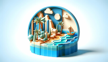Experience the allure of Greece islands and azure waters in 3D flat icon - Grecian Getaway: A mythic summer adventure in Famous Location with protograph theme, isolated on white background - obrazy, fototapety, plakaty
