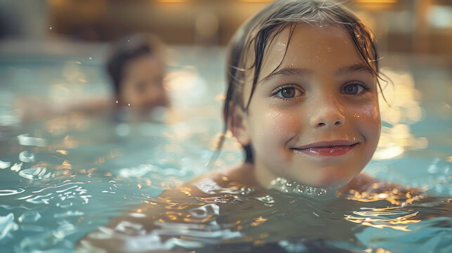 Girl learning to swim in swimming pool, each stroke filled with determination and growing confidence,
