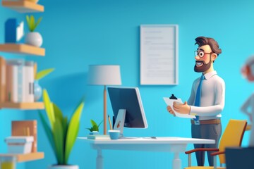 Cartoon Man Standing in Front of Computer Screen