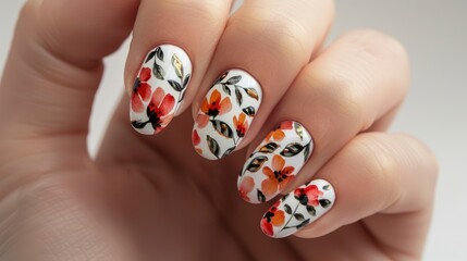 Nail art with a floral pattern design featuring autumn colors in the style of a nail sticker. The hand holds the nails showing a simple and cute design with a white background